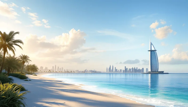 A stunning view at The Palm showcasing the iconic Palm Tower and the Arabian Gulf.
