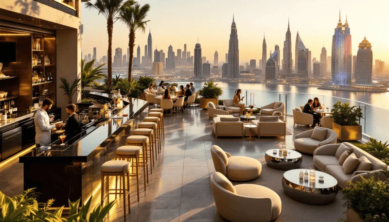 Dining and lounging options available at The View at The Palm with a focus on outdoor terraces.